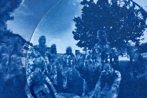 Screenshot of J. Molina-Garcia's work titled Pulse Cyanotype, showing an artificial army of 49 people in 360 immersive enrionment